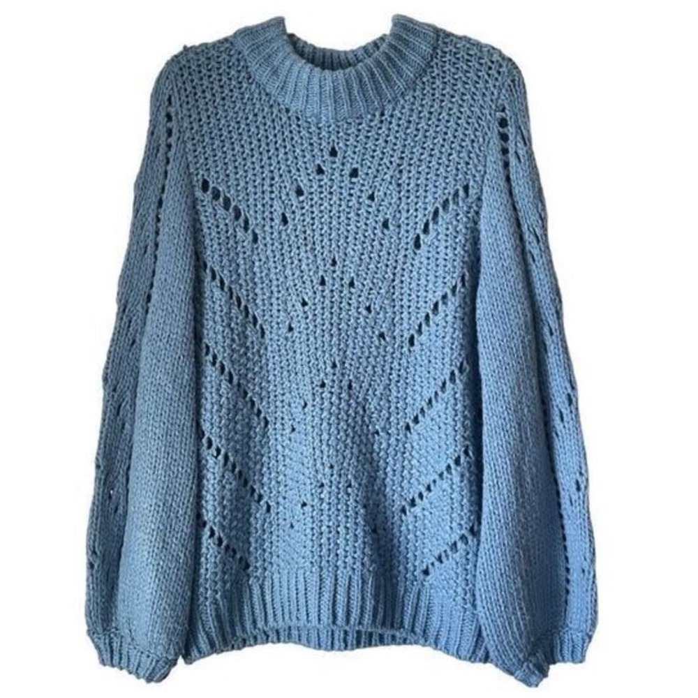 S4 H&M Baby Blue Chunky Knit‎ Mock Neck Sweater Oversized Cable Knit Macrame
